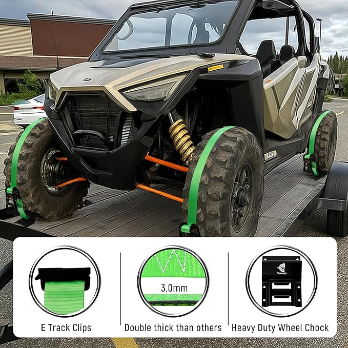 UTV Wheel Chock Tie-Down Kit - 4,500lb Break Strength Heavy Duty Trailer Tire Straps System - 2Pack 2" x 8' E Track Ratchet Straps for SXS, UTV, ATV, Lawn Mower (Bright Green)
