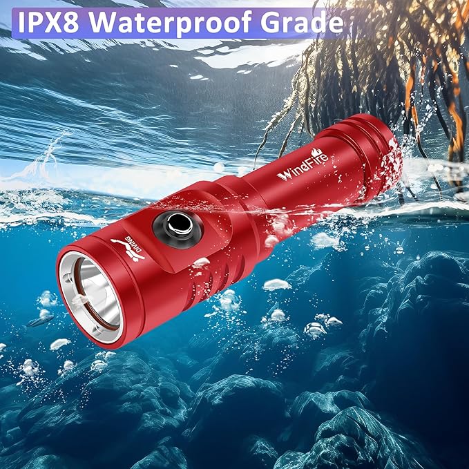 WINDFIRE TS08 Dive Light Super Bright, Scuba Flashlight Rechargeable, IP68 Waterproof 197 ft Depth Underwater Flashlight, 3 Modes & Power Indicator, Snorkeling Torch for Night Diving