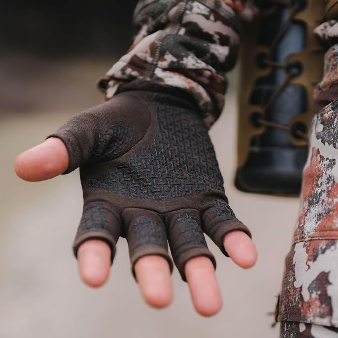 First Lite Rugged Wool Half Finger Glove | Merino Wool Fingerless Hunting Gloves for Men | Silicone Grip Palm for Shooting Dexterity