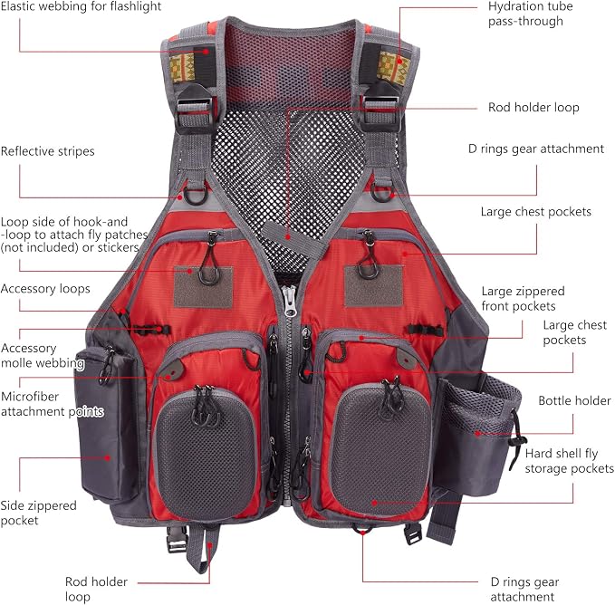 BASSDASH Strap Fishing Vest Adjustable for Men and Women, for Fly Bass Fishing and Outdoor Activities