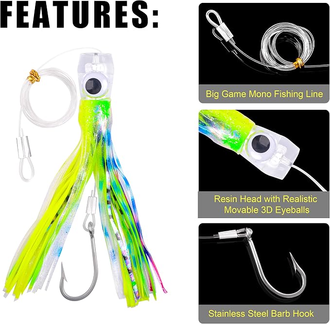 Trolling Lures Saltwater for Tuna Mahi Marlin Wahoo Dolphin Shark Offshore Trolling Baits with Squid Skirt Big Game Fishing Lures Deep Sea Squid Skirts Rig 6/9 inch