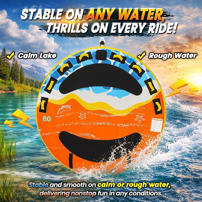 Heavy-Duty Towable Tube for Boating, Boat Tubes with Nylon Cover, Inflatable Water Sport Towables with Front Back Tow Points, Super Round Design