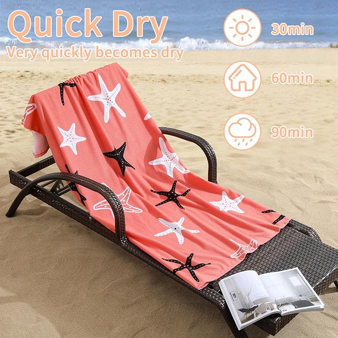 Belista Oversized Beach Towels 4 Pack,40”x70” Microfiber Thin Large Beach Towel Set for Adults Travel Camping Swimming,Turtle Starfish Them Sand Free Quick Dry Lightweight XL Pool Towels,Orange & Navy