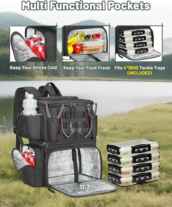 MATEIN Fishing Backpack with 4 Tackle Boxes, Fishing Bag with Rod Holder | 3600 Tackle Box 4 Pack, Water Resistant Tackle Backpack with Cooler Compartment, Safety Compass, Gifts for Fishermen