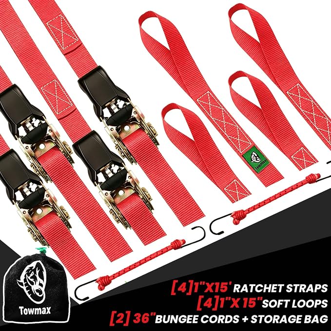 Ratchet Straps Medium Duty 4 Pack -1 Inch x 15 Feet (1,823LB Break Strength)- Motorcycle Tie Down Straps -Soft Loops with Bungee Cords- Ratchet Tie Down Set for Powersports, Motorcycle or Moving Cargo
