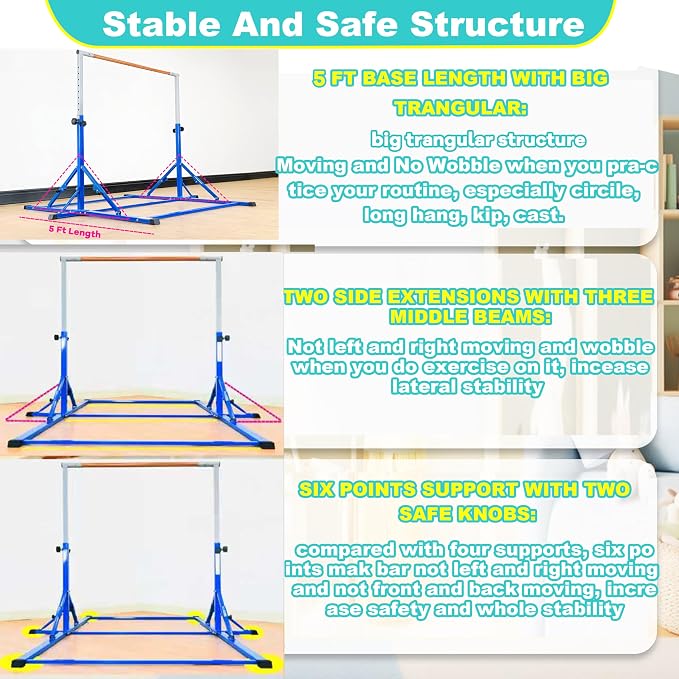 Marfula Gymnastic Bar For Kid and Teenage of 3-25, 5Ft/8 FT Base Length 4Ft Width 5Ft Adjust Height, Gymnastic Kip Bar For Gymnast, Gymnastic Training Equipment For Professional Training Home Club Use