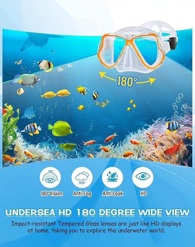 Greatever Dry Snorkel Set,Panoramic Wide View Anti-Fog Scuba Diving Mask,Professional Snorkeling Gear for Adults Kids