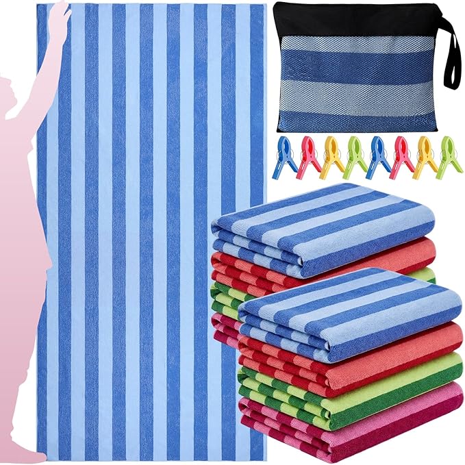 Gilprop 8 Packs Oversized Stripe Beach Towels XL L Microfiber Clearance Pool Towels with Bags Clips Soft Absorbent Quick Dry Camping Swim Towel for Adult Women Men Travel Family (72×36 in,Multicolor)