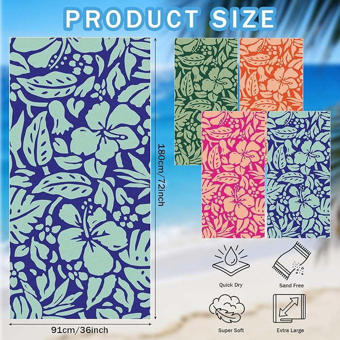 Tegeme 4 Pack Hibiscus Flower Microfiber Thin Beach Towel Lightweight 71x36 Oversized Extra Large Sand Free Towels Quick Dry for Travel Pool Yoga Sports Beach Accessories Vacation Essential Gift