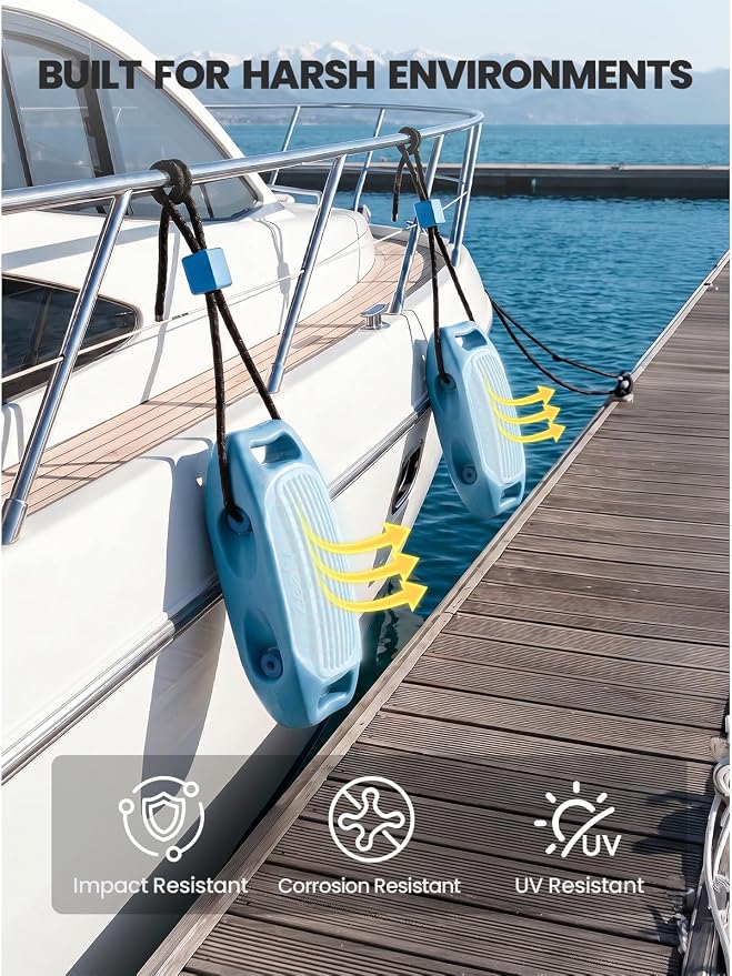 Zeraty Solid EVA Boat Fenders 1-2-4 Packs, 17''x8'' No-Deflation Dock Bumpers with Adjustable Ropes, Modular Stackable Non-Rolling Marine Hull Protector for Pontoon, Yacht, Bass, Jet Ski and Jon Boats