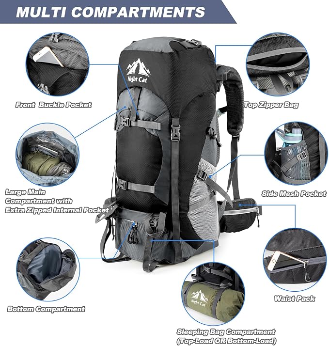 Night Cat Hiking Backpacks 70L Camping Backpacking Packs for Men Women Lightweight Outdoor for Mountaineering Traveling, No Internal Frame
