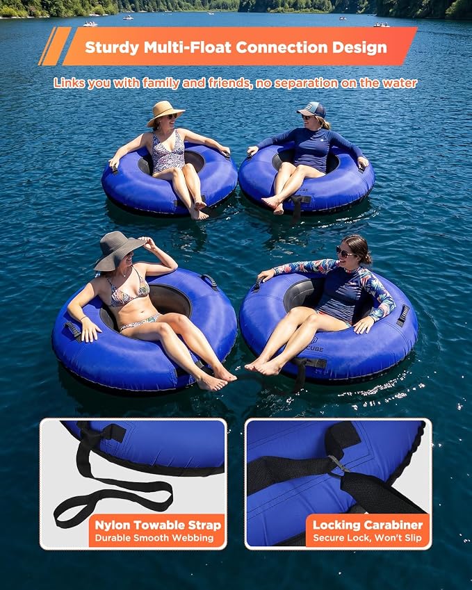 Heavy Duty River Tube for Floating, 44" River Float for Adults with Upgraded Handles and Drink Holder, Abrasion Proof 600D Canvas Cover Outdoor Inflatable Water Tube with Towable Strap