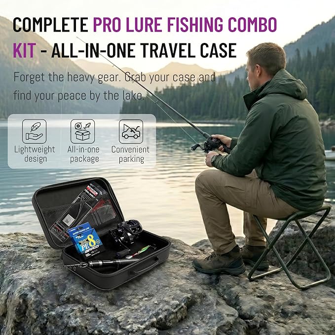 Left-Hand Bait Finesse System Telescopic Rod and Reel BFS Combo | Ultralight BFS kit with 5'10" UL carbon rod, left-hand baitcasting reel, 7g micro jigs, and deep-throat hook remover.