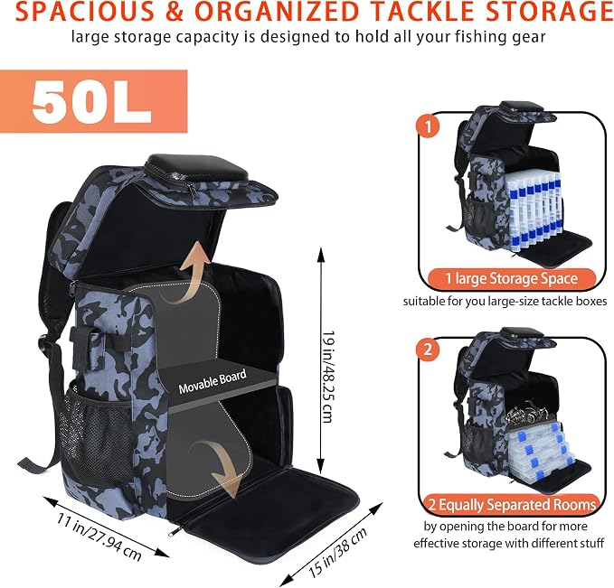Fishing Backpack with Rod Holder and Tackle Boxes, Cooler, Large 50L Fishing Gear Bag with 139 Fishing Lures Kit, Fish Tool Set, Fish Gifts for Men Woman-Camo Backpack