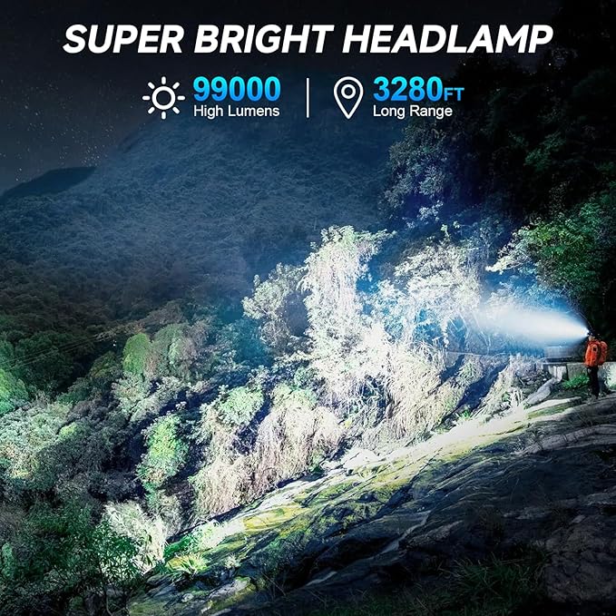 2Pack Headlamp Rechargeable, 99000 LM Super Bright LED Head Lamp with 3 Modes, 90° Adjustable Head Lights for Forehead, 20+Hrs Runtime & IPX6 Waterproof HeadLamps for Camping Running