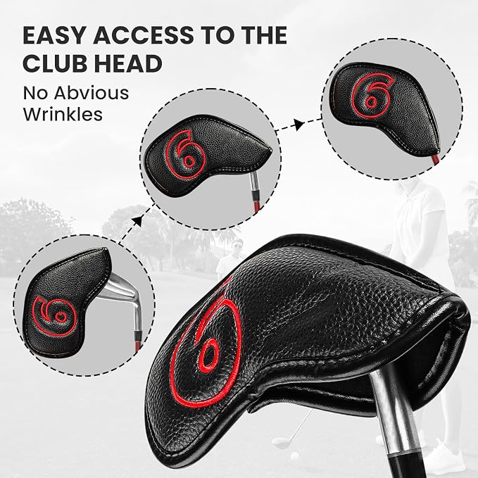 Golf Iron Covers Set Strong Magnetic Closure Value 10 Pack, Double Side Number Synthetic Leather Deluxe Club Headcover, Universal Head Cover Fit Main Irons Clubs for Women Men