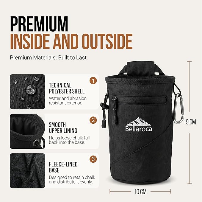 BELLAROCA® Chalk Bag and Bouldering Brush for Rock Climbing – Waterproof Climbing Set with Ergonomic Design, Adjustable Belt and Carabiner