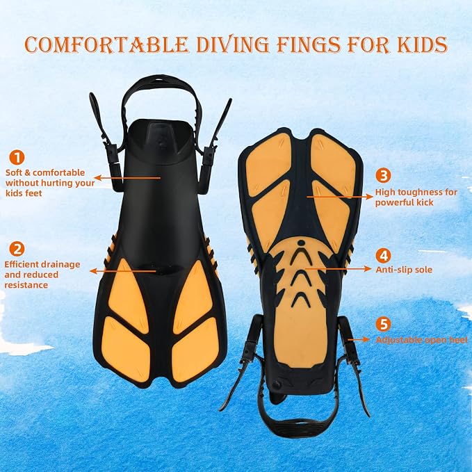 Kids Snorkeling Set - Adjustable Flippers + Panoramic Snorkel Mask + Dry Snorkel Tube + Travel Bags - Suitable for Kids & Juniors, Age 5-14