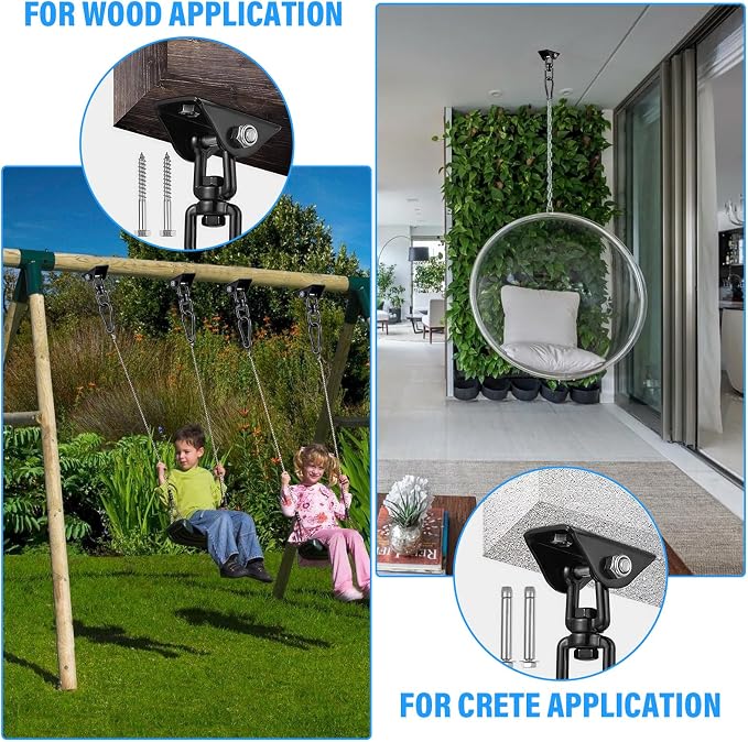 2 Pcs Swing Hanging Kit, Heavy Duty 2000 LB Capacity 360 Degree Rotating Hangers, Hardware for Porch Swing, Hammock, Chair, Yoga, Playground, Indoor and Outdoor Use, Black