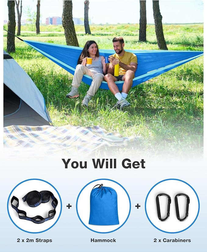 MOSFiATA Camping Hammock, Heavy Duty up to 700lbs with 2 Tree Straps and Attached Carry Bag Portable Hammock for Backpacking Hiking Durable Outdoors (Sky Blue)