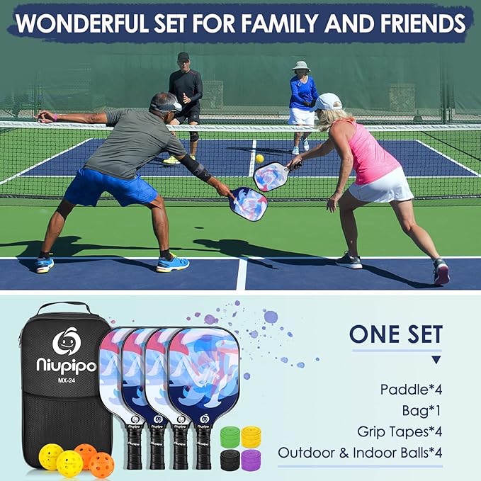 niupipo Pickleball Paddles Set of 2 or 4, USAPA Approved Fiberglass Pickleball Paddle Set with Balls and Bag, Polypropylene Honeycomb Core, Lightweight Pickleball Paddles for Beginners Men Women