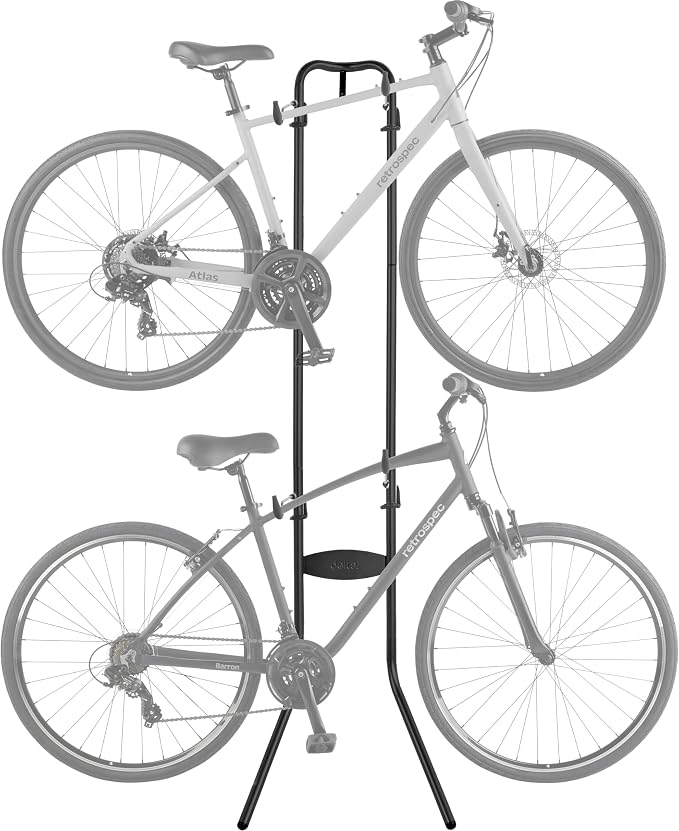 Retrospec Double Decker Vertical Garage Bike Rack - Free Standing Floor Storage Stand for 2 Bikes, 80lb Capacity, No Drilling Required - Adjustable Arms & Rubber Bumpers