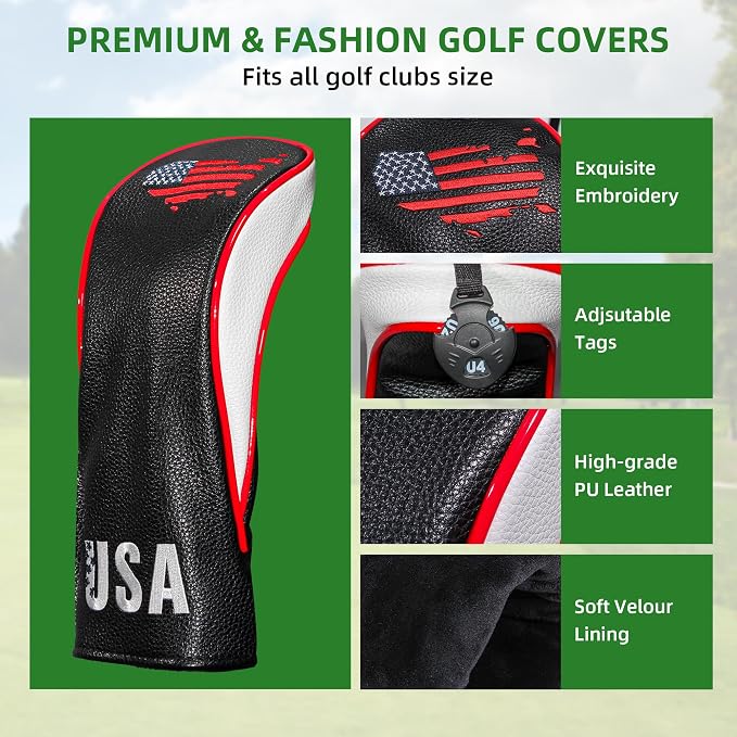 Golf Club Head Covers,4pcs or 1pc USA Golf Head Covers for Woods and Driver Fairway Hybrid - PU Leather Mallet Blade Putter for Men Women Golf Enthusiast