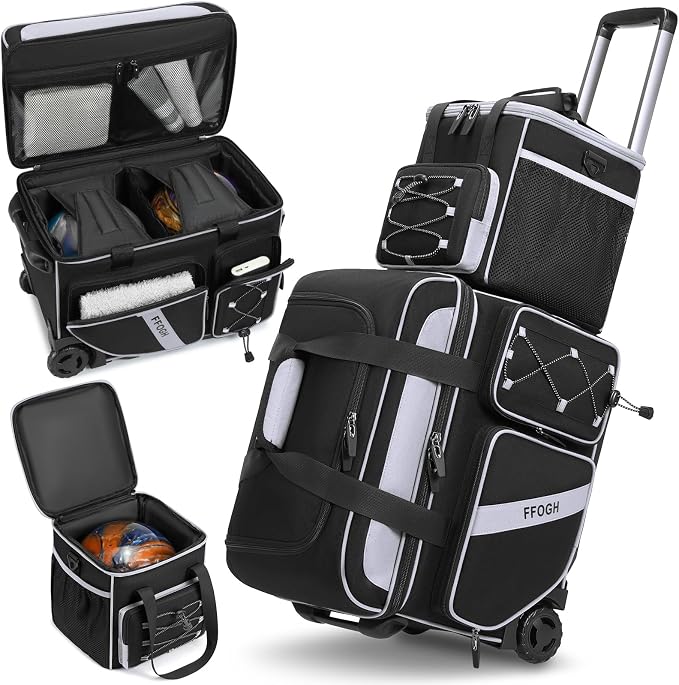 3 Ball Bowling Bag with Wheels, 2+1 Bowling Ball Bags Double Roller with Single Bowling Tote for Accessories, Multi-Pockets & Shoe Compartment (Fits Up to Size 15)