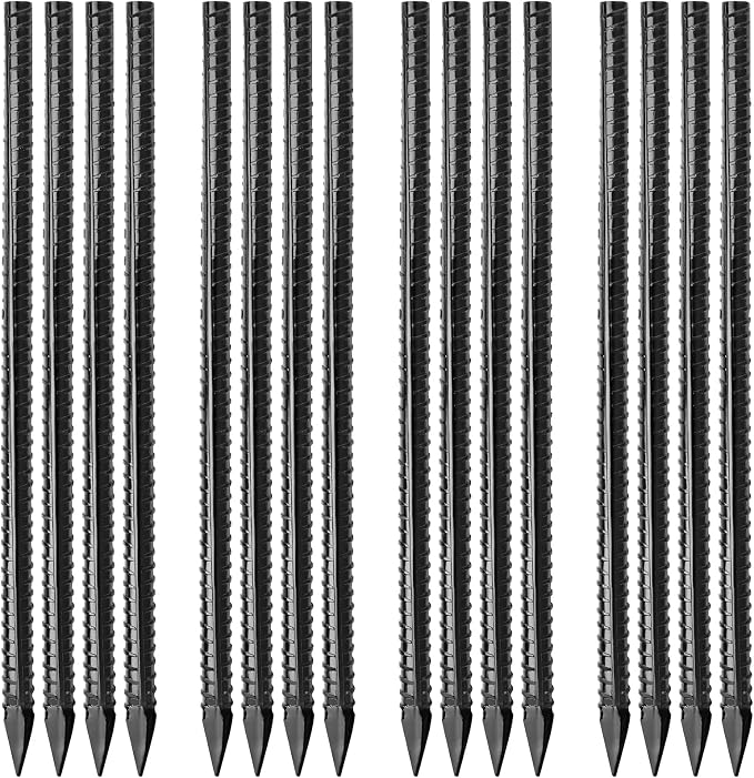 Besitu 16 inches Ground Rebar Stakes (16 pcs) Heavy Duty Metal Spikes for Concrete Timber Garden Plant, Long Straight Steel Stakes for Tent, 3/8" Thickness Ground Anchors with Chisel Point End, Black
