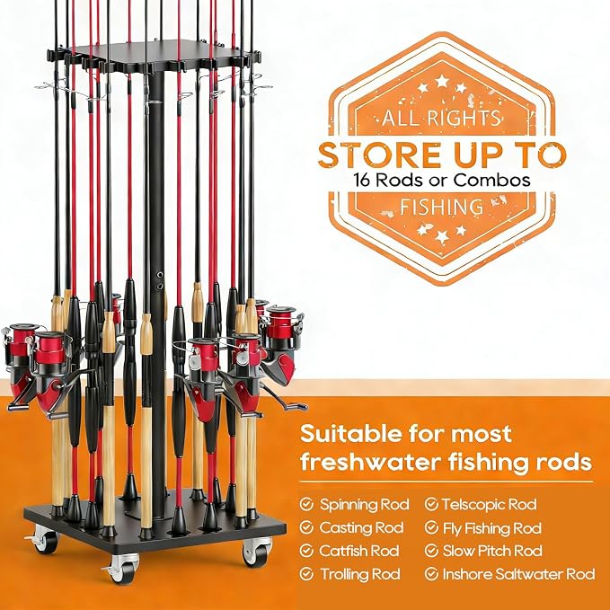 Fishing Rod Holders for Garage 360° Rotating Fishing Pole Rack, Floor Stand Holds up to 16 Poles Fishing Gear Equipment Storage Organizer, Fishing Gifts for Men Women, Black