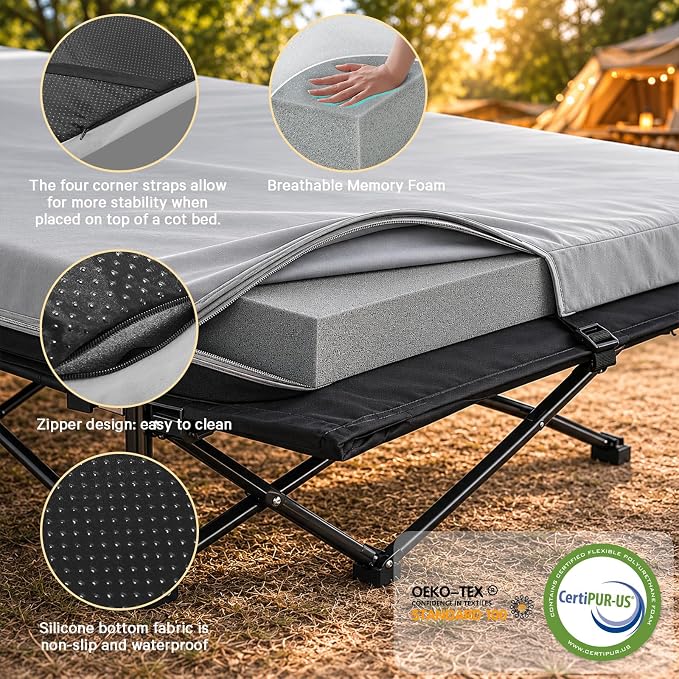CYMULA Camping Cot Pad 2 Inch Memory Foam, Camping Pad for Folding Cot and Foldable Cot, Portable Roll Up Camp Gear for Car Camping Travel Tent, Non-Slip Waterproof Bottom, Removable Cover, Pad Only