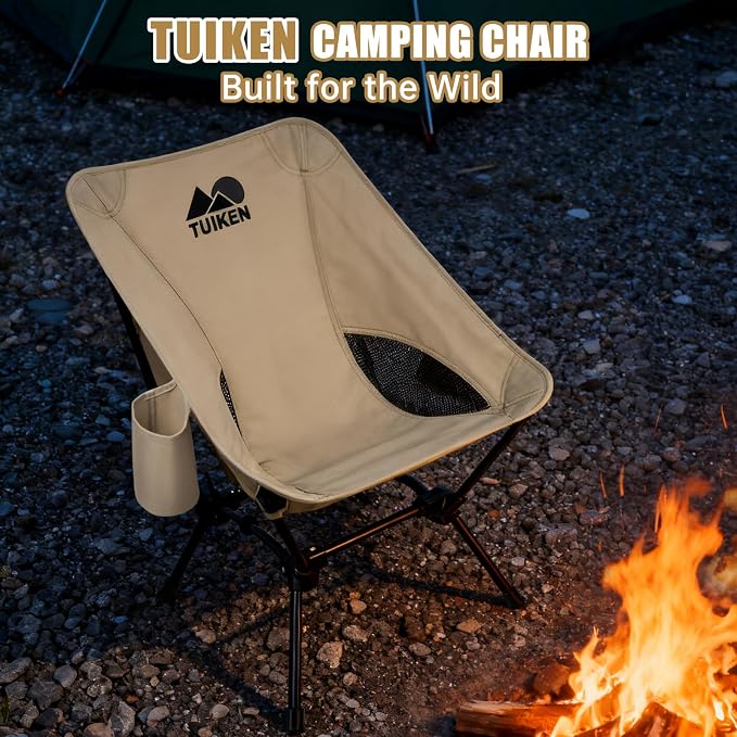 Ultralight Camping Chair Backpacking Chair, Portable Camp Chair with Cup Holder & Storage Bag, Lightweight Compact Folding Chair for Hiking, Travel, Picnic Mountaineering (Light Brown)