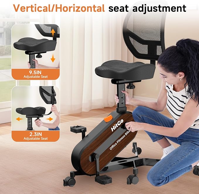 HitGo Office Exercise Bike Desk Chair,330 lbs Heavy Duty Under Desk Bike with 9-Level Height Adjustable Seat 24.4"-33.8",8-Level Resistance & Rolling Wheels,Quiet Fitness Chair for Home Office