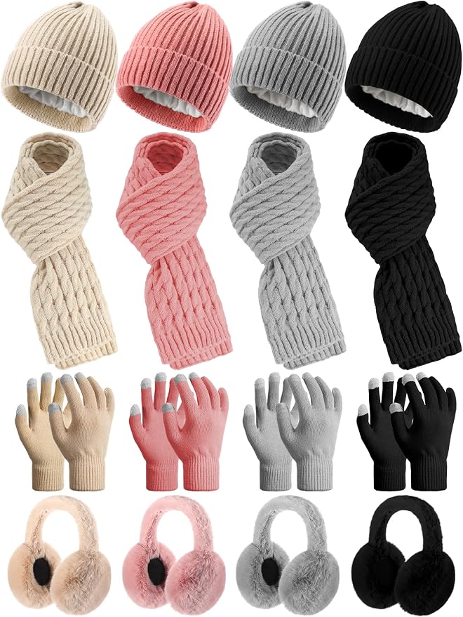 16 Pcs Women Hat Scarf Gloves Ear Muffs Set Winter Knitted Pom Beanie Hats Scarf Touch Screen Gloves for Men Adult Homeless