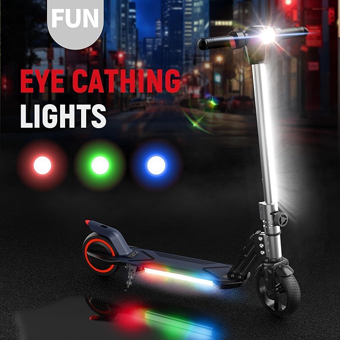 BIIST Foldable Electric Scooter for Kids, with LED Front Head Lights, Bar Lights, Shining Pedal Lights, LED Display, Dual Brakes 150W Motor Kids Electric Scooter， UL2272 Approved