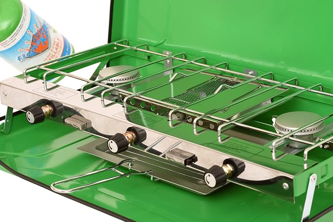 Flame King YSNBBQ-136M 3-Burner Portable Camping Stove Grill w/Toast Tray, Great for Outdoor Cooking, Backpacking, Hiking, & Emergency, Compatible with 1LB Propane Gas Bottle