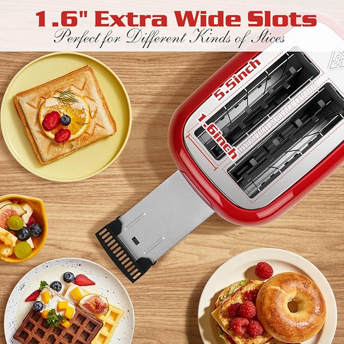 Aigostar Toaster 2 Slice, Retro Extra-Wide Slot Toasters Best Rated Prime for Toasting Bagels, Breads, Waffles & More, Cancel, Defrost & 6 Browning, Removable Crumb Tray, Stainless Steel, Red