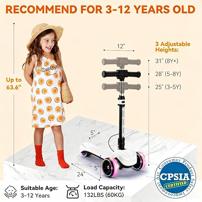 Electric Scooter for Kids w/150W Powerful Motor, Thumb Throttle, LCD Screen, Bluetooth, Light-Up Stem Deck & Wheels, 3 Adjustable Heights, 5MPH Safe Speed, 3 Wheel Electric Scooter for Kids