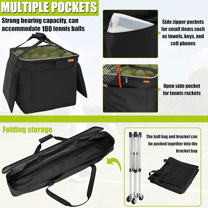 Foldable Tennis Ball Cart Holds 180 Balls Wheeled Tennis Ball Hopper Sports Teaching Carts with Storage Bag, Light Auminum Alloy