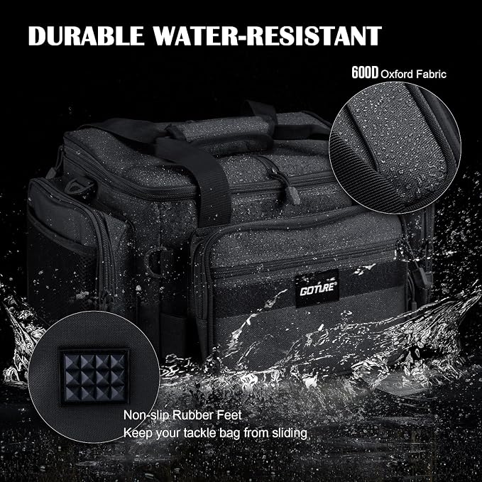 Goture Fishing Tackle Bag,Store Up to 4PCS 3700 Tackle Boxes(Not Included),600D Soft Side Water-Resistant Saltwater Gear Storage Fishing Bag with Rod Straps,Detachable Water Bottle Pouch,SBS Zippers