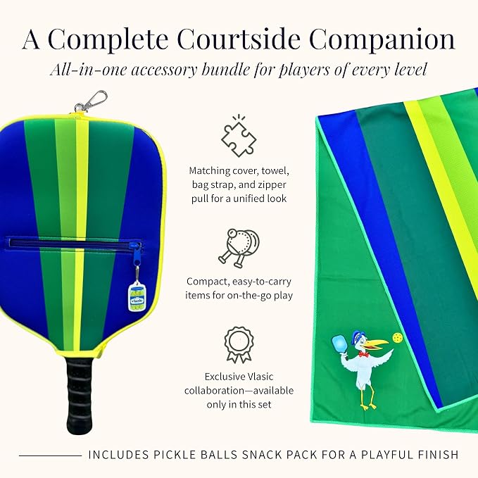 Posh Pickler Vlasic Pickles Pickleball Accessories Gift Set, Pickleball Paddle Cover, Sports Cooling Towel and Bag Strap, Vlasic Pickle-Themed for Pickleball Players