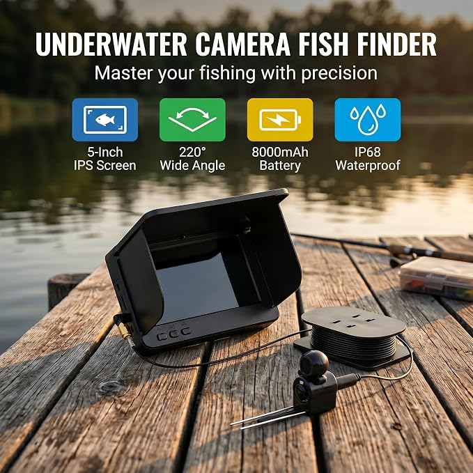 Fish Finder Underwater Fishing Camera: 5-Inch IPS Screen with 1500nit Brightness Long Battery Life 8000mAh USB Charging - IP68 Waterproof 98ft Cable for Ice Fishing Anglers