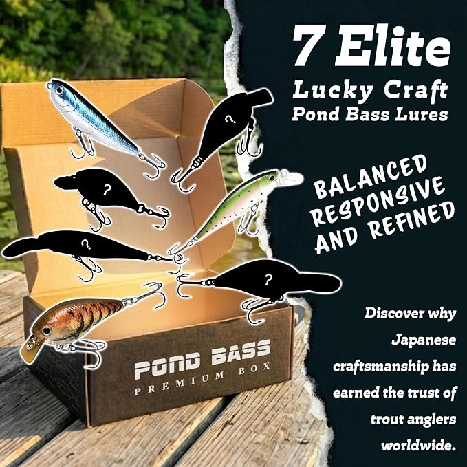 LUCKY CRAFT Pond Bass Premium Box, 7 Freshwater Fishing Lures for Pond and Lake Fish, Mystery Selection Tackle Box with Surprise Bass Lures, Fishing Gear Accessories