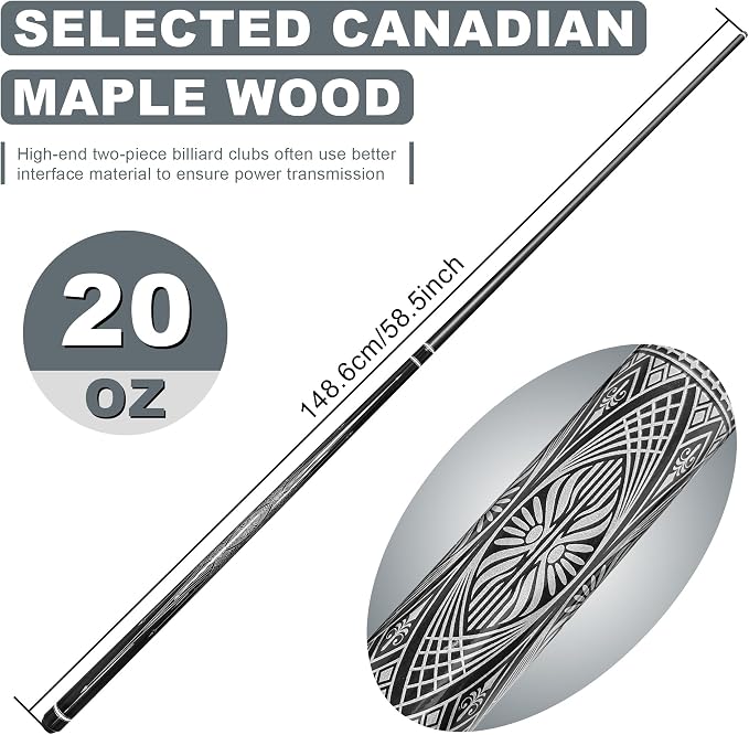 HomeSeason Fiberglass Pool Cue Stick 21oz Cue Sticks 58" Professional Low Deflection Billiard with Screw-in Extension and Leather Bag