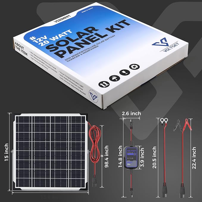 Voltset Solar Panel Kit 20W 12V with MPPT Controller, Solar Battery Trickle Charger Maintainer, Waterproof Solar Panel with Adjustable Mount Bracket for Boat RV Motorcycle Marine