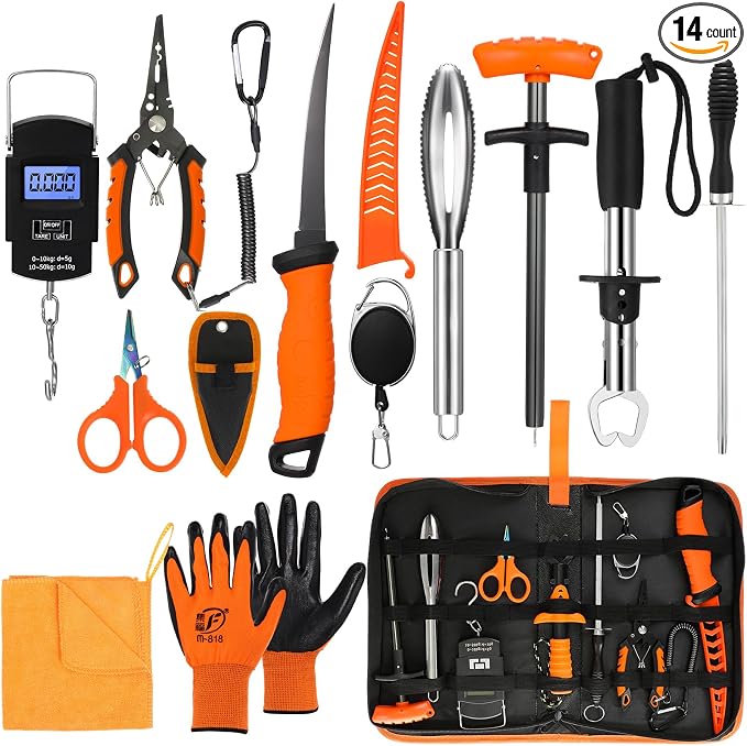RoundFunny 14 Pcs Fishing Tool Kit, Fillet Knife, Fishing Pliers with Lanyard, Digital Scale, Lip Gripper, Hook Remover Fish Scaler Braid Scissors Gloves Sharpening Rod Retractor Towel Bag