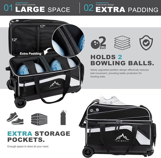 GoHimal Double Roller 2 Ball Bowling Bag with Separate Shoe Compartment for Bowling Shoes (Up To US Men Size 15) and Abundant multifunction Accessory Pocket, Upgraded fabric, Retractable Handle - Extends to 40"