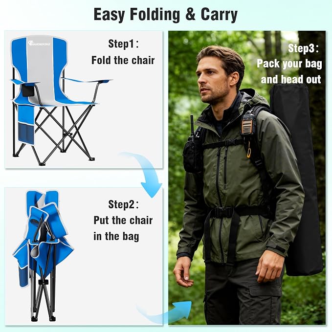 Camping Chair, 300 LBS High Back Sturdy Lawn Chairs Folding (Gray Blue) | Outdoor Portable Folding Camping Chair for Adults, with Cup Holder for Picnic, Lawn, Beach, Park, Fishing and Sports