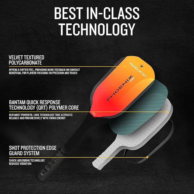 Paddletek Phoenix G6 Pickleball Paddle | Professional Pickleball Paddles with Honeycomb Core, Polycarbonate Surface, Graphite PolyCore & High Tack Performance Grip | USAPA Approved
