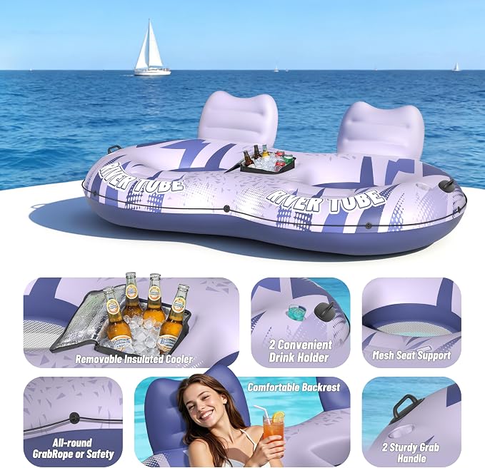 JOSEN Inflatable River Tube Float - 2 Person Heavy Duty River Float, Pool Floats Adult, Lake River Floats Water Tubes for Floating with Removable Cooler & Cupholders for Summer Relaxation